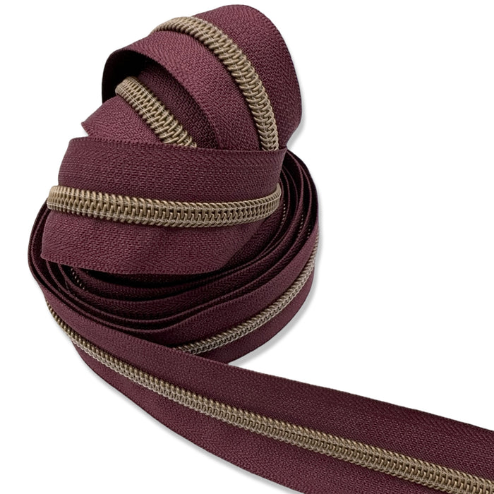 Bordeaux Red | #5 Antique Gold Zipper by the Yard - 3 Yard Singles