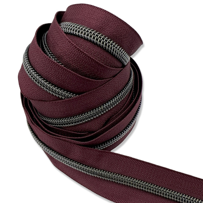 Bordeaux Red | #5 Black Nickel Zipper by the Yard - 3 Yard Singles