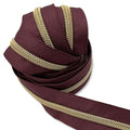 Bordeaux Red | #5 Light Gold Zipper by the Yard - 3 Yard Singles