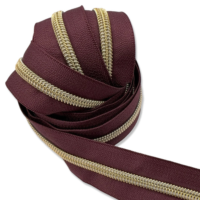 Bordeaux Red | #5 Light Gold Zipper by the Yard - 3 Yard Singles