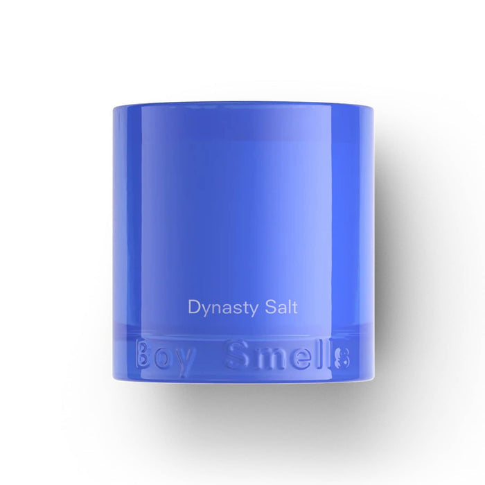 Boy Smells Dynasty Salt scented 9 ounce Essentials candle in blue glass vessel, front view.