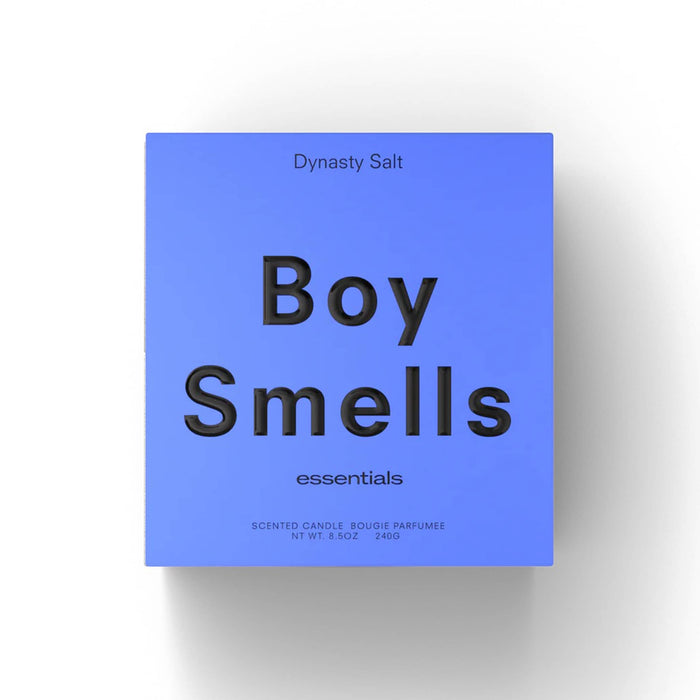 Boy Smells Dynasty Salt scented 9 ounce Essentials candle in blue box, front view.