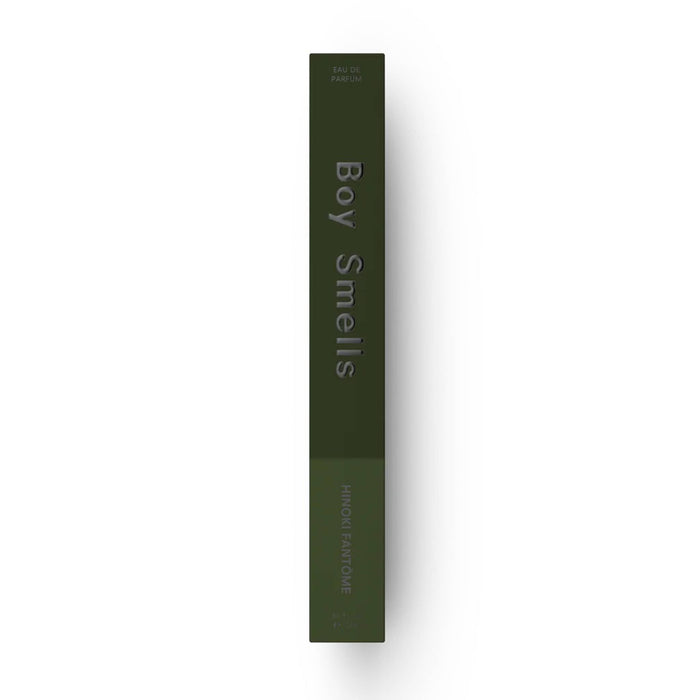 Boy Smells Hinoki Fantome scented eau de parfum 10ml travel spray bottle in two-tone dark green box, front view.