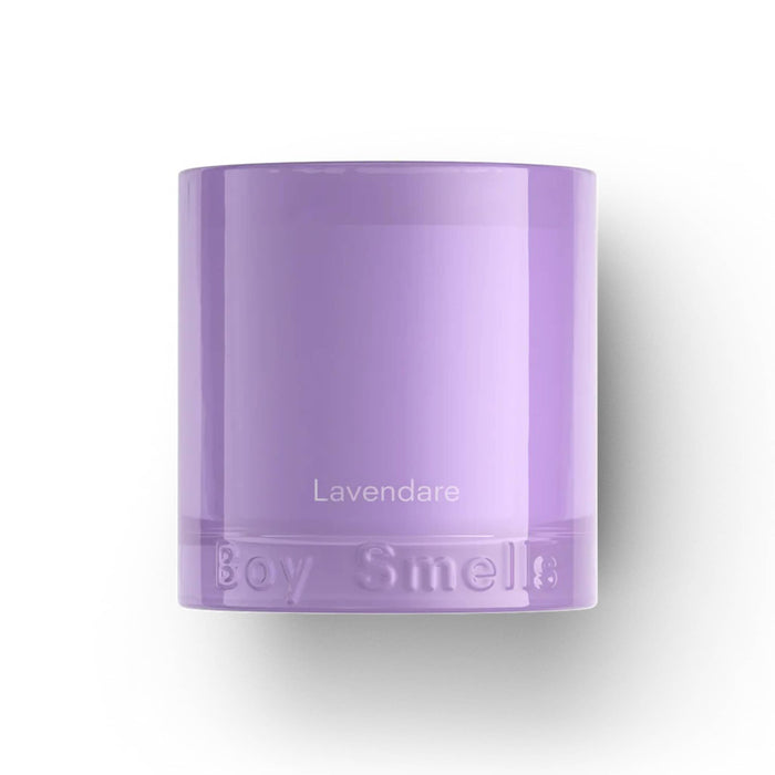 Boy Smells Lavendare scented 9 ounce Essentials candle in lavender vessel, front view.