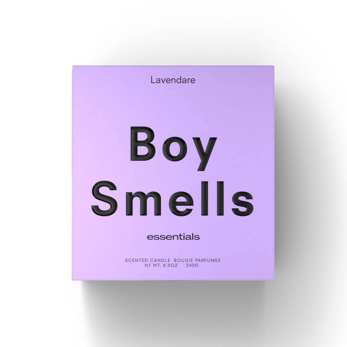 Boy Smells Lavendare scented 9 ounce Essentials candle in lavender box, front view.