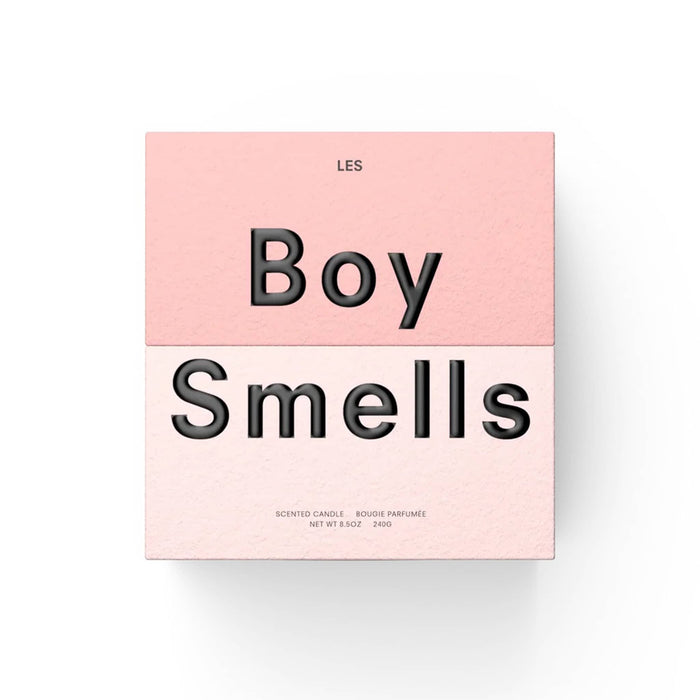 Two-tone pink box packaging with 'Boy Smells' text in black, on a white background.