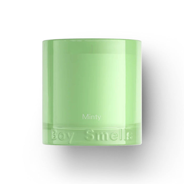 Boy Smells Minty scented 9 ounce Essentials candle in light green glass vessel, front view.