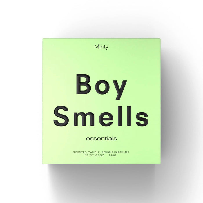Boy Smells Minty scented 9 ounce Essentials candle in light green box front view.
