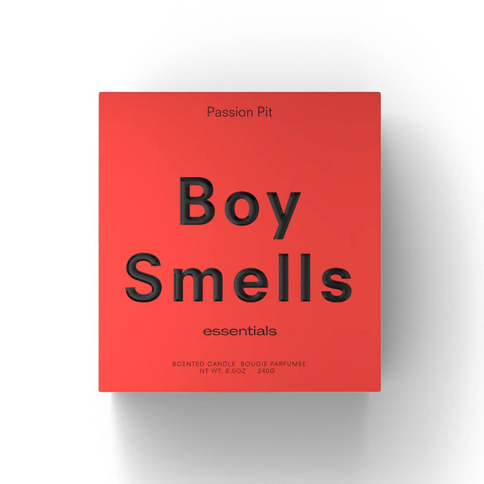 Boy Smells Passion Pit scented 9 ounce Essentials candle in red box, front view.