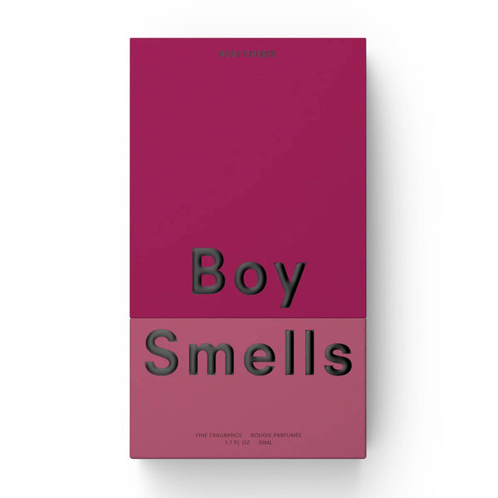 Boy Smells Rosy Cheeks scented eau de parfum 50ml bottle in two-tone dark pink box, front view.