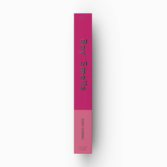 Boy Smells Rosy Cheeks scented eau de parfum 10ml travel spray bottle in two-tone fuchsia box, front view.
