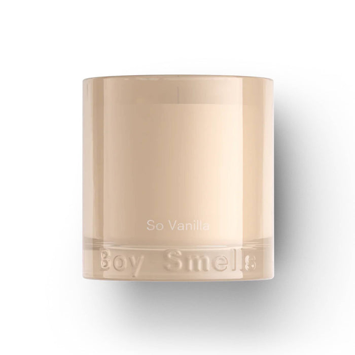 Boy Smells So Vanilla scented 9 ounce Essentials candle in cream glass vessel, front view.
