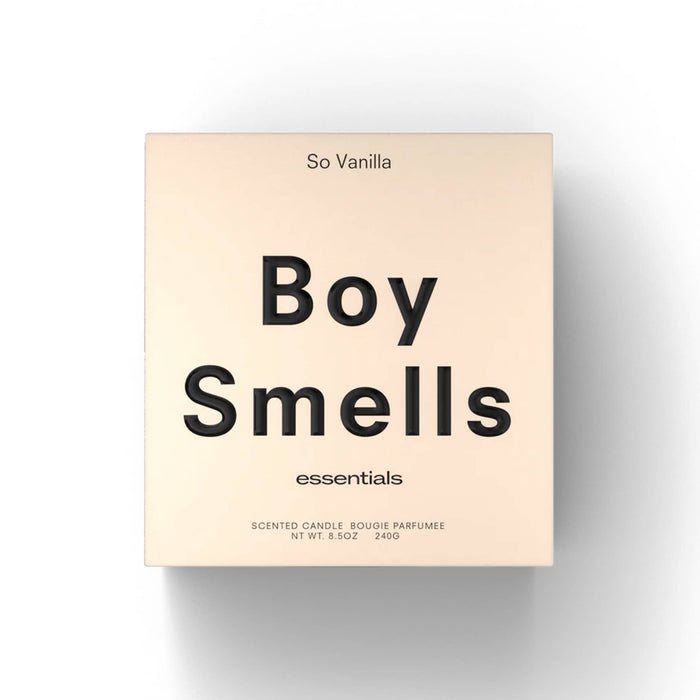 Boy Smells So Vanilla scented 9 ounce Essentials candle in cream box, front view.