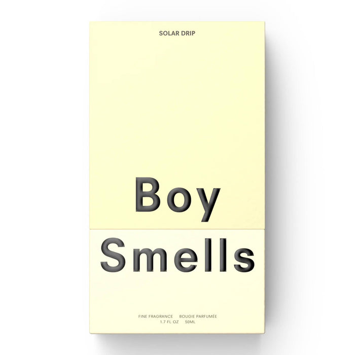 Yellow packaging with 'Boy Smells' and 'Solar Drip' text in black, on a white background.
