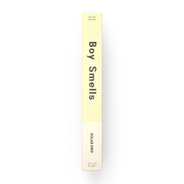 Boy Smells Solar Drip eau de parfum in 10ml travel spray form, in yellow box packaging with black text, on a white background.