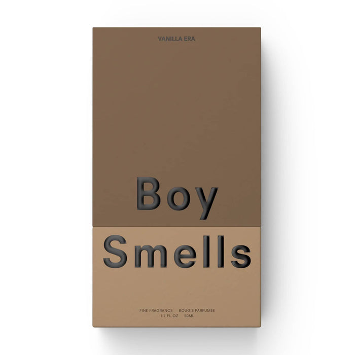 Boy Smells Vanilla Era scented eau de parfum 50ml bottle, in two-tone brown box, front view.