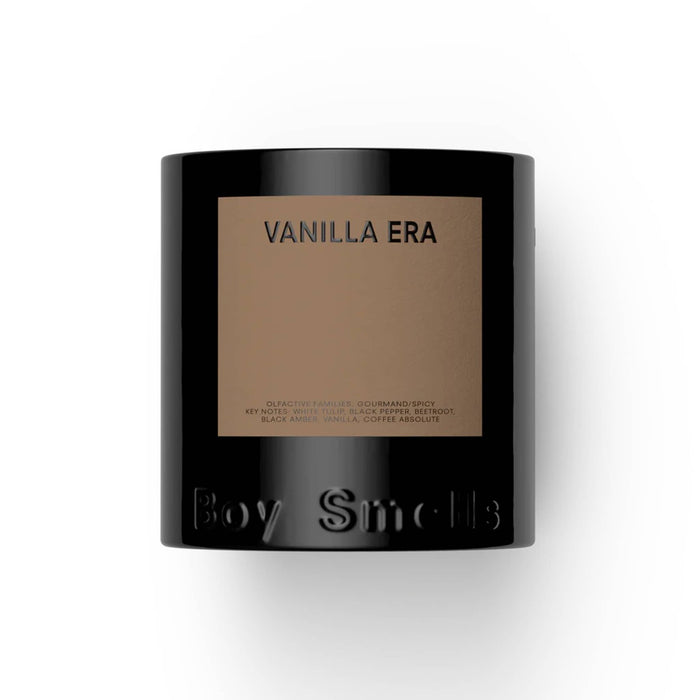 Boy Smells Vanilla Era scented 9 ounce Classics candle in black glass vessel with brown label, front view.