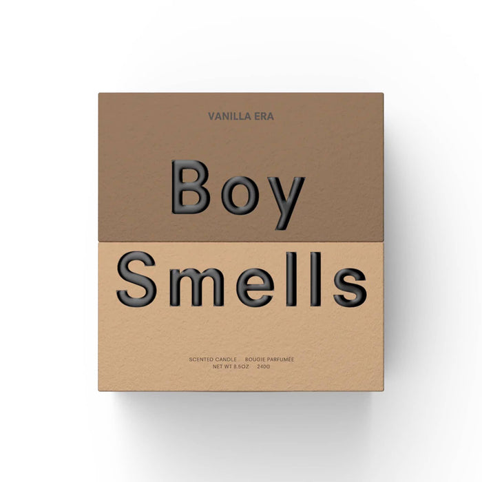Boy Smells Vanilla Era scented 9 ounce Classics candle in two-tone brown and tan box, front view.