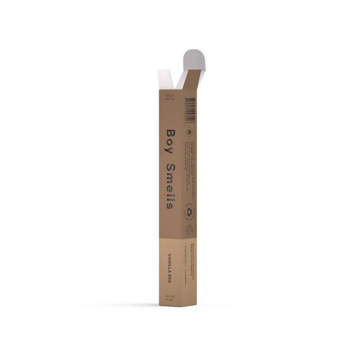 Boy Smells Vanilla Era scented eau de parfum 10ml travel spray bottle, in two-tone brown box, front view.