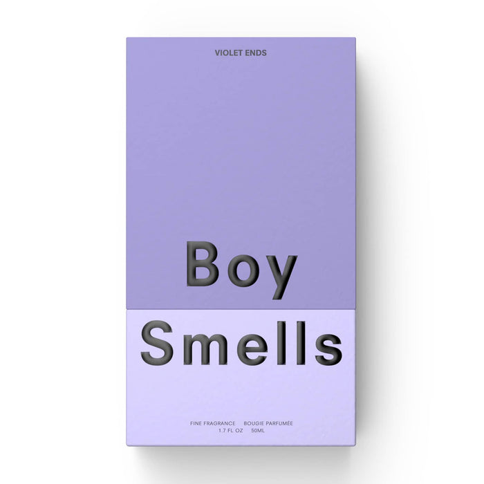 Boy Smells Violet Ends scented eau de parfum 50ml bottle, in two-tone violet box, front view.