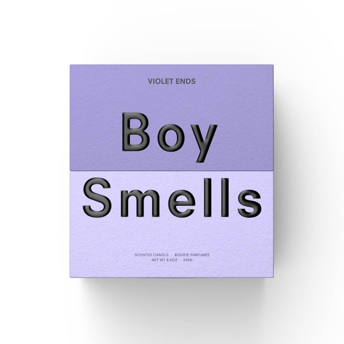 Boy Smells Violet Ends scented 9 ounce Classics candle in two-tone violet box, front view.