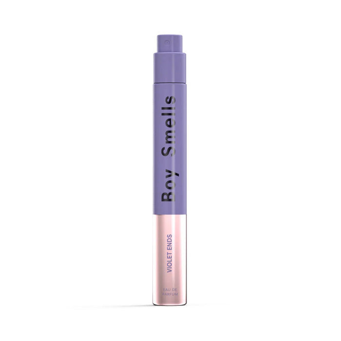 Boy Smells Violet Ends scented eau de parfum 10ml travel spray bottle, front view.