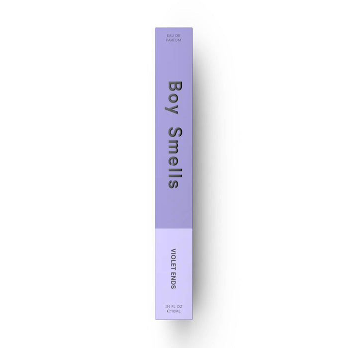 Boy Smells Violet Ends scented eau de parfum 10ml travel spray bottle, in two-tone violet box, front view.