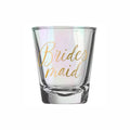 Iridescent shot glass with 'Bridesmaid' in gold foil text on an white background.