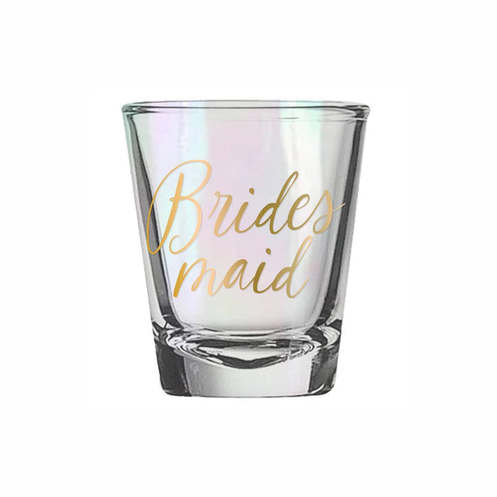 Iridescent shot glass with 'Bridesmaid' in gold foil text on an white background.