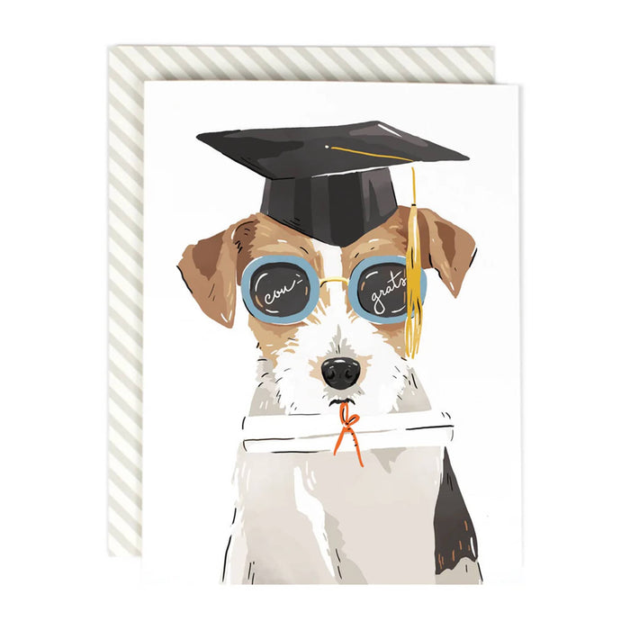 Graduation-themed card with a dog wearing a cap and gown, on a white background.