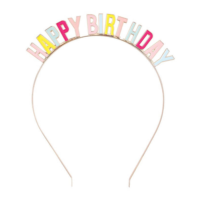 Colorful 'Happy Birthday' headband on a white background.