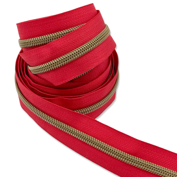 Bright Red  | #5 Antique Gold Zipper by the Yard - 3 Yard Singles