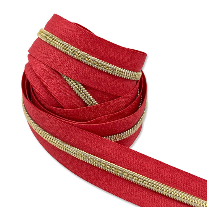 Bright Red  | #5 Light Gold Zipper by the Yard - 3 Yard Singles