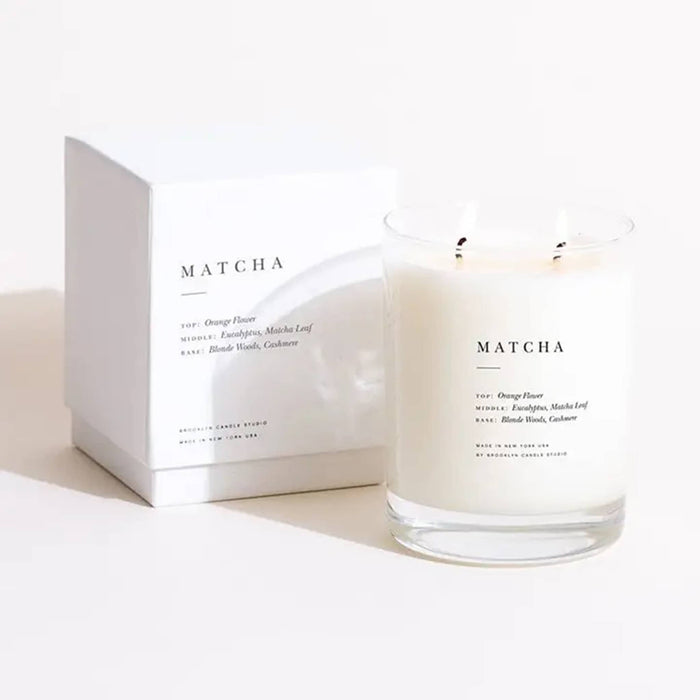 Brooklyn Candle Studio Matcha scented classic 2-wick soy wax candle with gift box, on a white background.