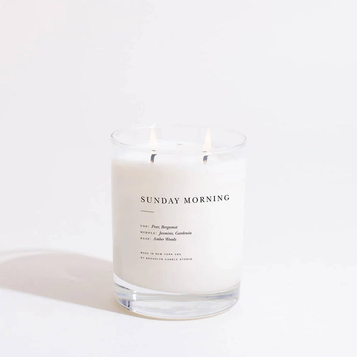 Brooklyn Candle Studio Sunday Morning scented classic 2-wick soy wax candle, lit.