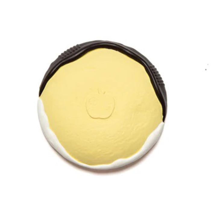 PiccoliNY Bubbie's Black and White Cookie natural rubber baby teether, bottom view.