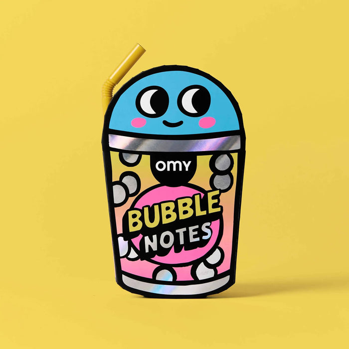 Bubble tea-themed sticky notes set, cover with 'omy' branding on a yellow background.