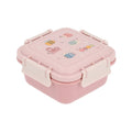 Pink square kids lunch box with bug designs on the lid, front angle on a white background.