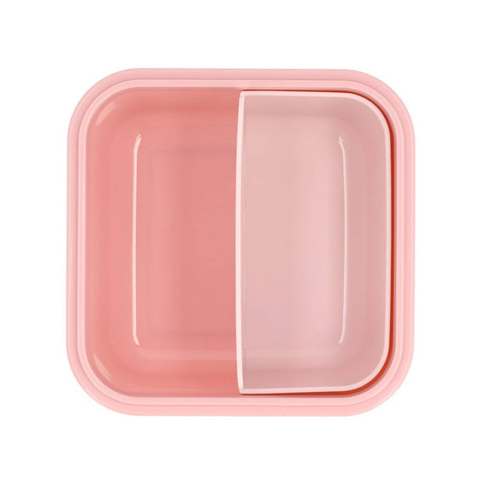 Pink square kids lunch box, overhead view with insert on a white background.