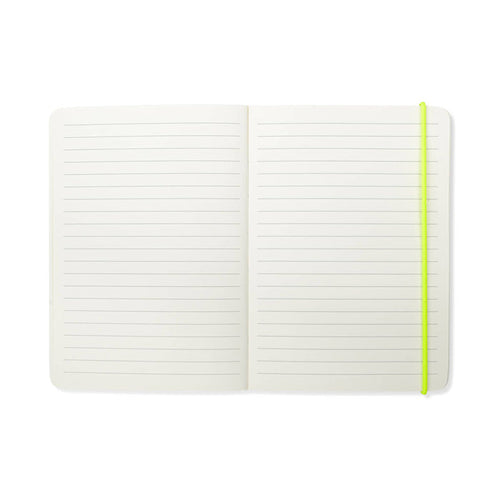 Open notebook with lined pages and a neon green elastic placeholder, on a white background.