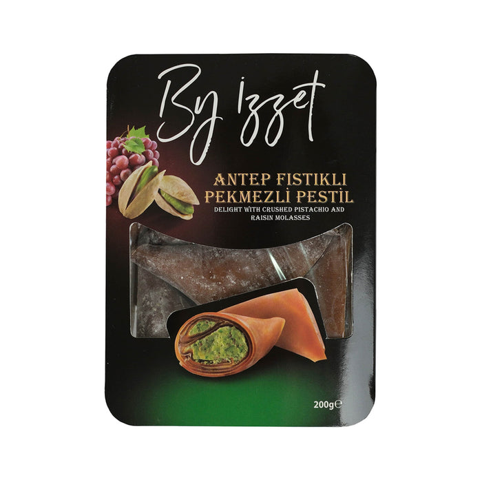 By İzzet Antep Pistachio Molasses Fruit Leather is a traditional Turkish sweet made with rich grape molasses (pekmez) and generously filled with crunchy Antep pistachios.