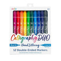 Ooly Calligraphy Duo 12 double-ended markers in a white retail box, showing both brush tip and chisel tip styles in a rainbow of colors.