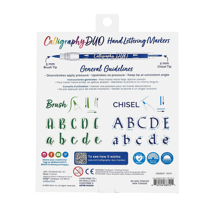 Back of packaging for Calligraphy DUO Hand Lettering Markers showing brush and chisel tip of each marker, usage guidelines, and sample lettering.