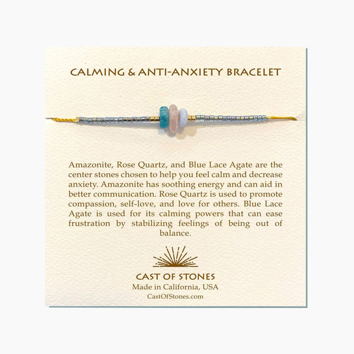 Cast of Stones Calming & Anti-Anxiety Bracelet with Amazonite, Rose Quartz and Blue Lace Agate stones mounted on a card.
