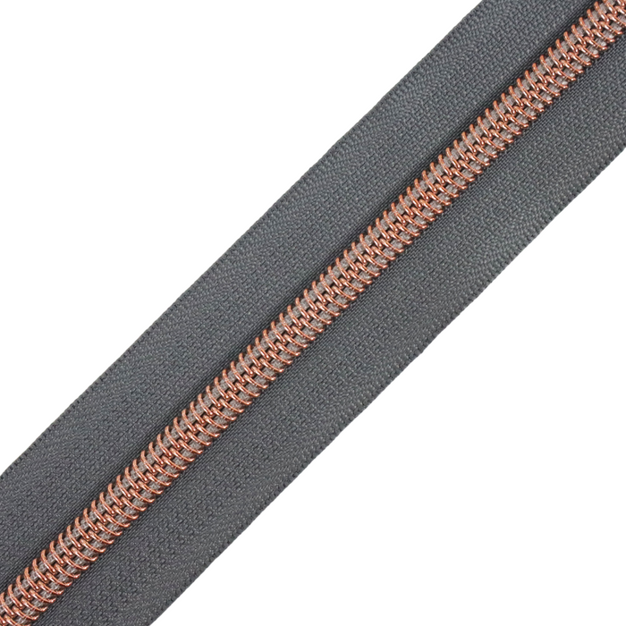 Charcoal Gray | #5 Rose Gold Zipper by the Yard - 3 Yard Singles