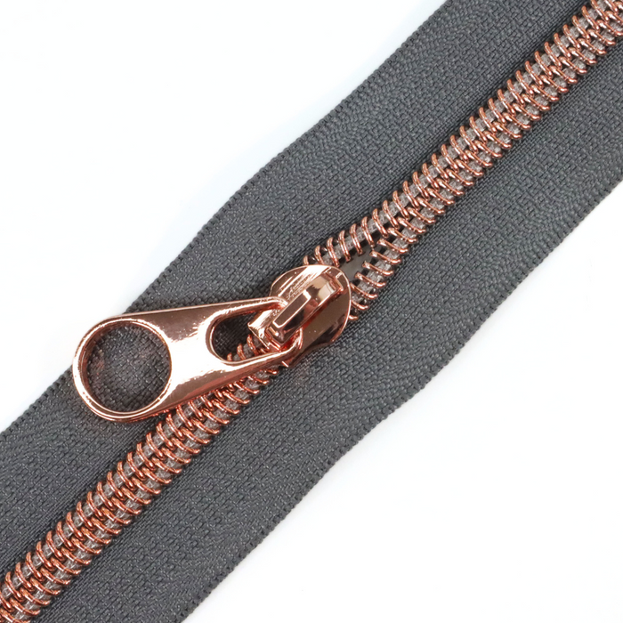 Charcoal Gray | #5 Rose Gold Zipper by the Yard - 3 Yard Singles