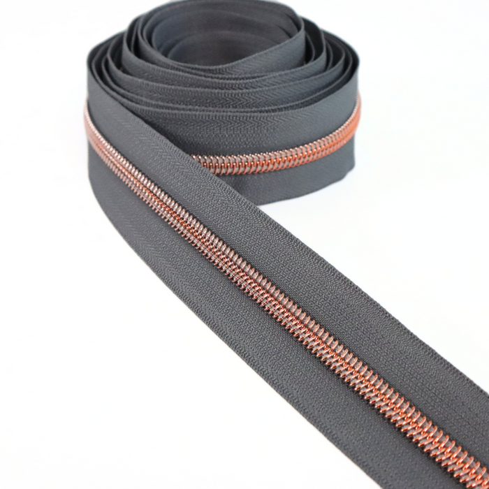 Charcoal Gray | #5 Rose Gold Zipper by the Yard - 3 Yard Singles