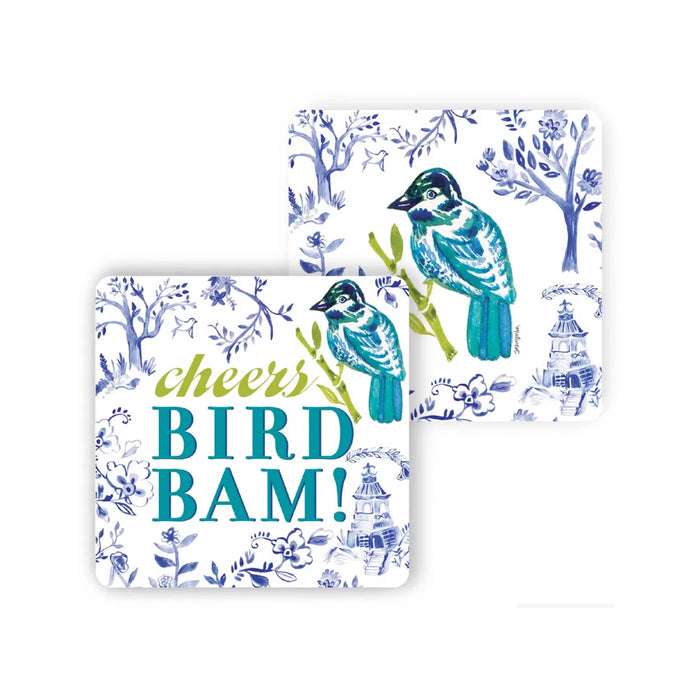 Two square coasters with a blue and white chinoiserie-style pattern featuring birds, trees, and small buildings, with the text 'cheers BIRD BAM!' on the front piece, shown on a white background.