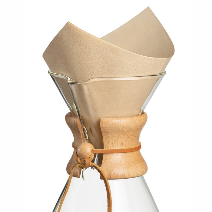Chemex FSU-100, natural bonded pre-folded square coffee filter in use.