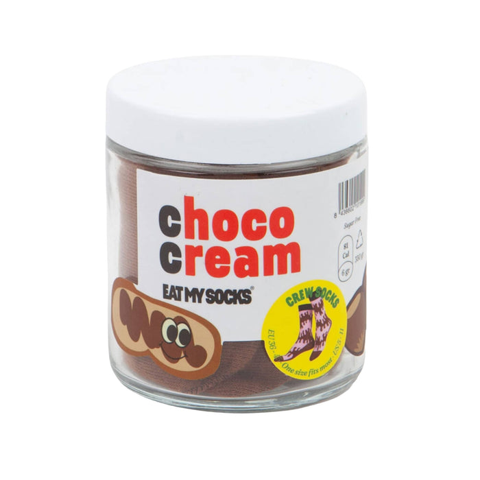Socks packaged to look like a jar of choco cream with 'Eat My Socks' branding on a white background.